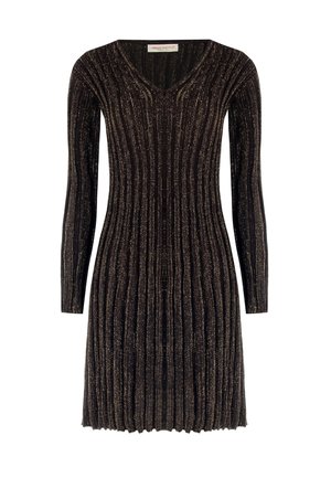 Abito nero a coste con maniche lunghe, scollatura a V, presenta dettagli in filo metallico per un leggero luccichio. Lunghezza standard, tessuto a maglia con texture.