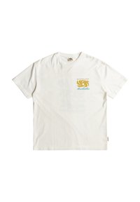 White cotton t-shirt featuring a yellow and teal graphic design of a swirl and waves, with "Quiksilver" text below the artwork.