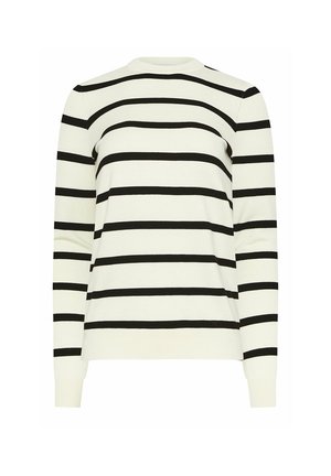 Pull blanc à manches longues avec des rayures horizontales noires uniformément espacées et des poignets et un ourlet côtelés.