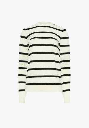 Wit langarmtrui met gelijkmatig verdeelde, horizontale zwarte strepen en geribbelde manchetten en zoom.