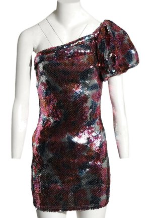 Vestido corto de lentejuelas con un hombro y manga abullonada con estampado floral multicolor en un maniquí.