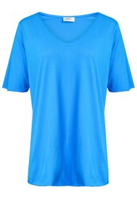 T-shirt bleu à manches courtes avec col en V et design uni, présenté sur fond blanc.