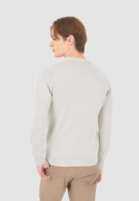 Maglione grigio chiaro a maglia con maniche lunghe e scollo rotondo. Presenta polsini e orlo a coste. Indossato con pantaloni beige a sigaretta.