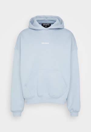 Sudadera con capucha azul claro con bolsillo de canguro en la parte delantera y texto blanco "WRSTBHVR" centrado en el pecho.