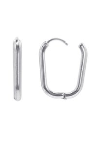 Orecchini a cerchio in argento con un design a forma di U leggermente curvato, texture liscia e chiusura a morsetto per una vestibilità sicura.