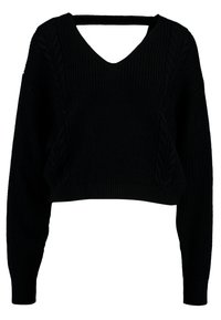 Schwarzer Strickpullover mit einem cropped Design, ausgestattet mit einem tiefen V-Ausschnitt und Zopfmuster-Details an der Vorderseite und den Ärmeln. Strukturiertem Stoff.