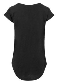 Black short-sleeve T-shirt with a rounded neckline and a longer back hem. Soft fabric texture, no visible patterns or hardware details.