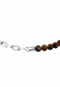 Bracciale a catena in argento con perle di occhio di tigre marroni e nere, dotato di un clasp cilindrico e accessori in metallo lucido.