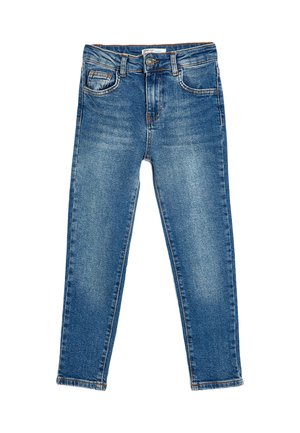 Jeans in denim blu con un classico taglio dritto, design a cinque tasche e cuciture arancioni a contrasto lungo le cuciture.