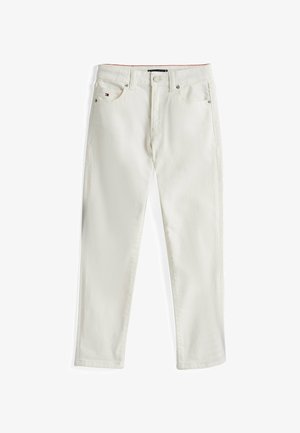 Białe dżinsy z bawełny z prostym krojem, z zapięciem na guzik i pięcioma kieszeniami. Zawierają małe logo na przedniej kieszeni.