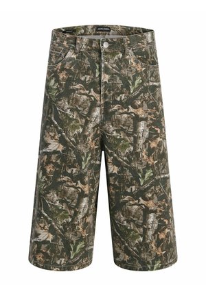 Camouflage-Knielange Shorts mit Frontknopf, Gürtelschlaufen und Fünf-Taschen-Design in grünen und braunen Tönen.