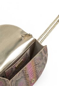 Bolso cruzado de estampado de serpiente con un interior dorado brillante. Presenta una correa de cadena y un cierre a presión, destacando patrones y colores texturizados.