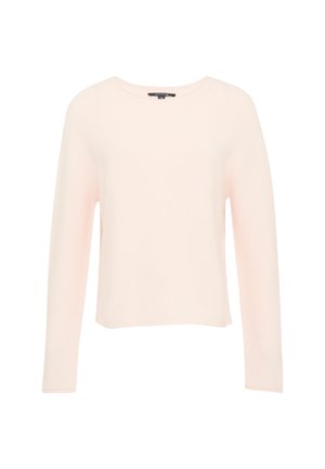 Light pink ribbed sweater with a rounded neckline and long sleeves, featuring a relaxed fit and soft knit texture.