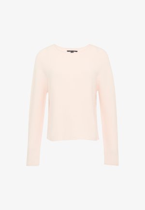 Light pink ribbed sweater with a rounded neckline and long sleeves, featuring a relaxed fit and soft knit texture.