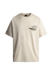 Camiseta de algodón beige con un corte relajado, que presenta una impresión gráfica verde en el pecho y un logo bordado en la manga izquierda.