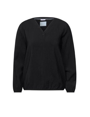 Zwarte blouse met lange mouwen en een V-hals, met een textuurstof, een losse pasvorm en een enkele knoopdetail bij de halslijn.