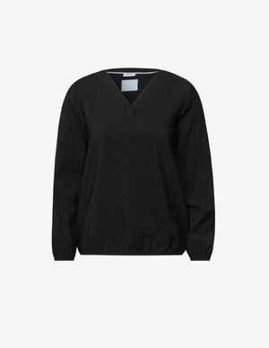 Zwarte blouse met lange mouwen en een V-hals, met een textuurstof, een losse pasvorm en een enkele knoopdetail bij de halslijn.