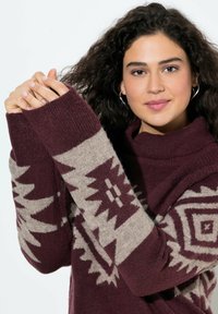Burgunderfarbener und beiger gemusterter Pullover mit hohem Kragen, der geometrische Designs und lange Ärmel aufweist, aus einem weichen Strickmaterial gefertigt.