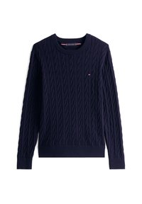 Pull en maille bleu marine avec un motif torsadé, col et poignets côtelés, orné d'un petit logo sur la poitrine.