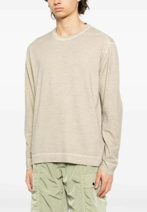 Giovane che indossa una maglietta beige a maniche lunghe con scollo tondo e pantaloni cargo verde chiaro, in piedi davanti a uno sfondo semplice.