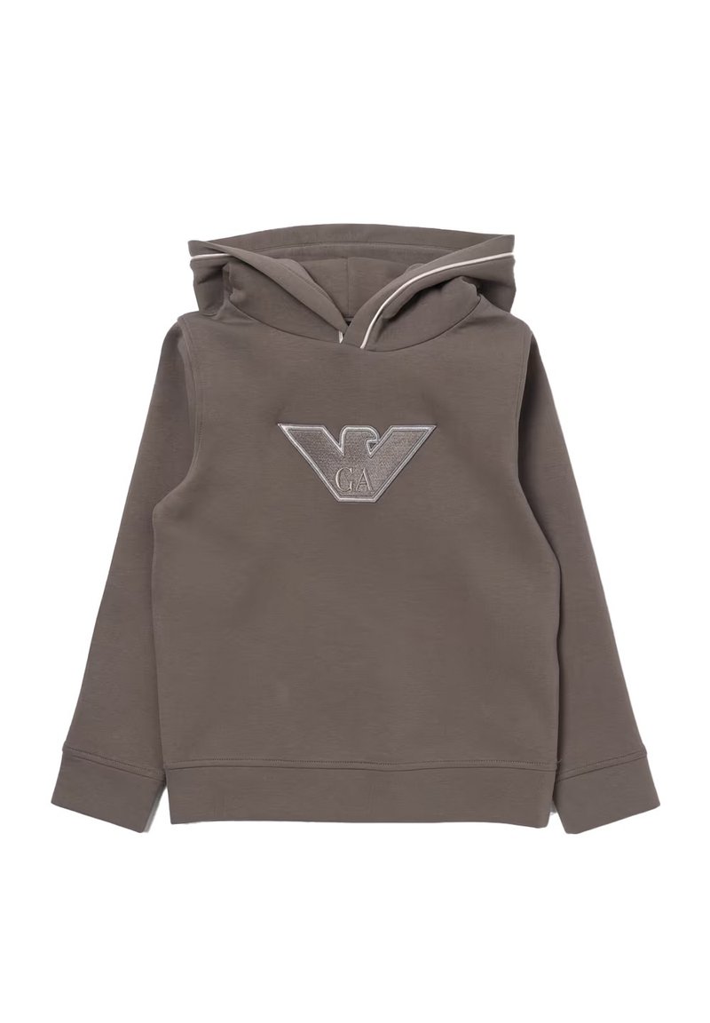 Felpa con cappuccio di un colore marrone tenue, con un logo grigio testurizzato sul davanti. Realizzata in un tessuto morbido, con maniche lunghe e una vestibilità relaxed.