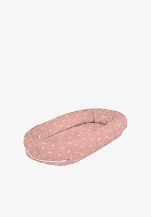 Soft pink oval baby nest with light feather patterns and a zippered side for adjustable size or cover removal.