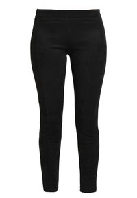 Pantalons noirs ajustés en matériau doux semblable à du daim, présentant une surface lisse et un design sans couture sans rien de visible comme des accessoires ou des motifs.