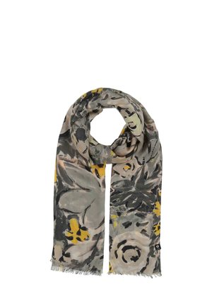 Lightweight scarf featuring a floral design in gray, yellow, and black hues. Edges are fringed for texture. Rectangular shape.