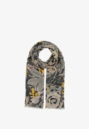 Fular ușor cu un design floral în nuanțe de gri, galben și negru. Marginile sunt franjurate pentru textură. Formă rectangulară.