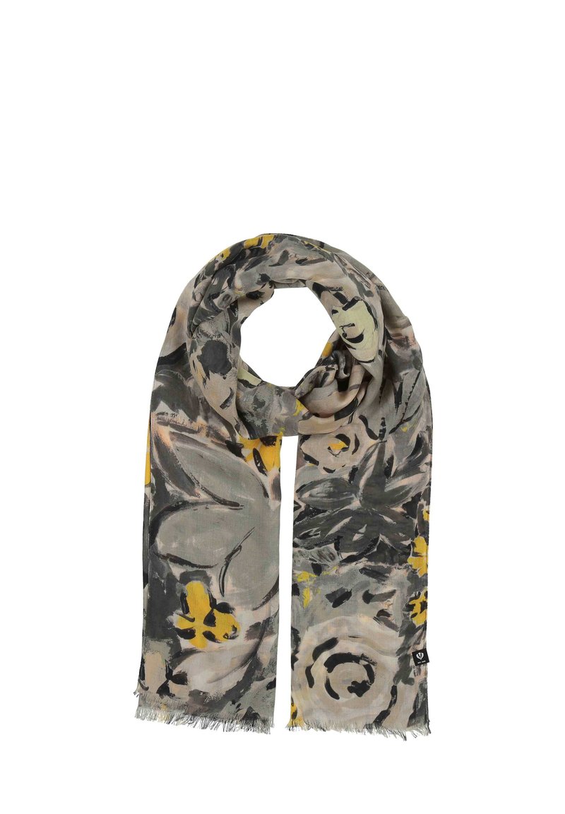 Sciarpa leggera con un design floreale nei toni di grigio, giallo e nero. I bordi sono frangiati per aggiungere texture. Forma rettangolare.