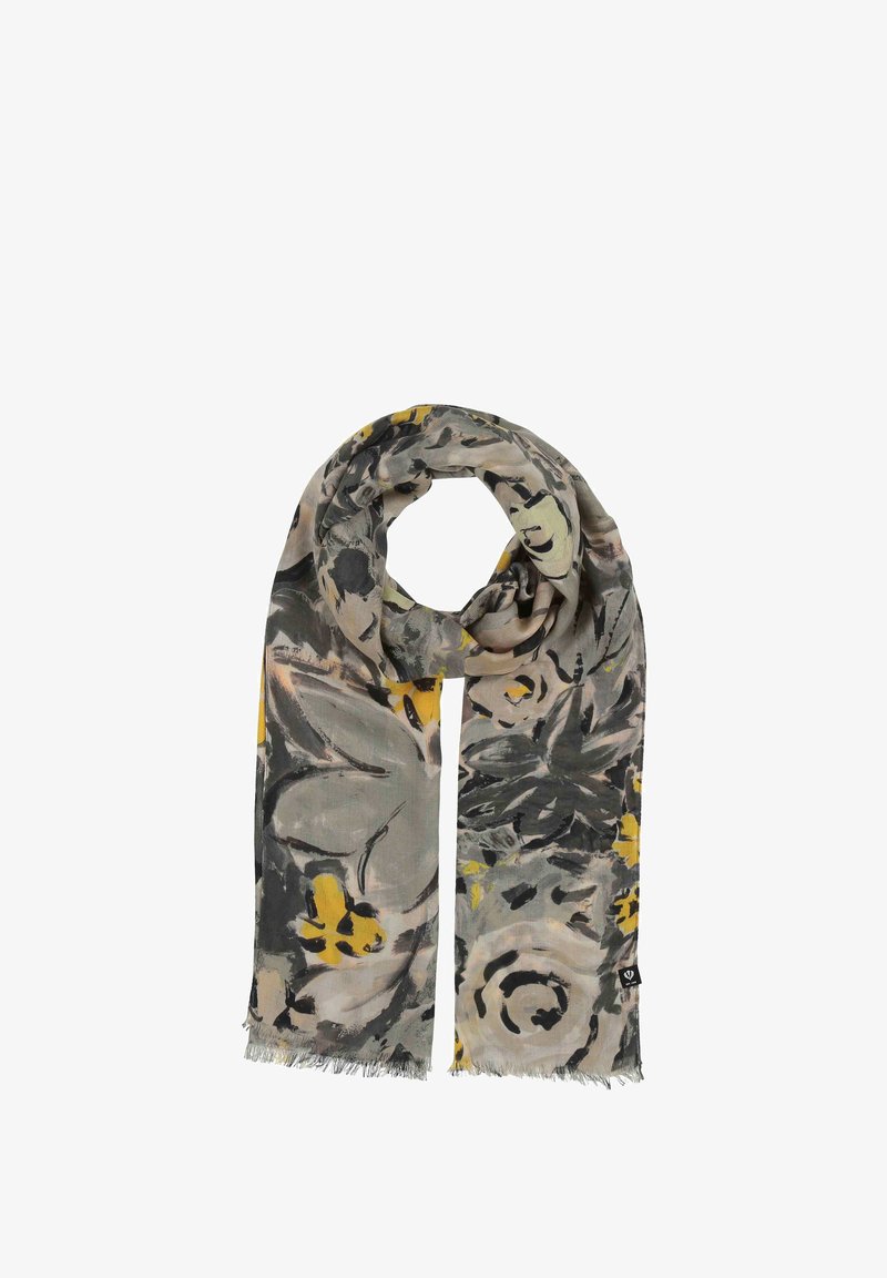 Écharpe légère avec un motif floral dans des teintes de gris, jaune et noir. Les bords sont frangés pour ajouter de la texture. Forme rectangulaire.