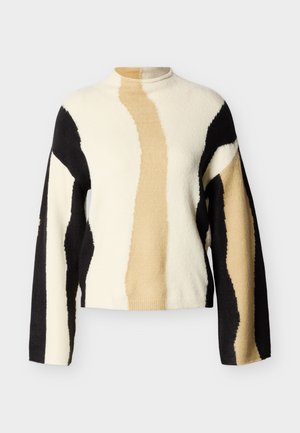 Πλεκτό πουλόβερ με αφηρημένα κύματα σε μαύρο, μπεζ και εκρού χρώμα. Ψηλός λαιμός και μακριά μανίκια. Μαλακό, υφασμένο ύφασμα.
