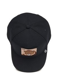 Gorra de béisbol negra con una tela texturizada, que presenta un parche de la cara de un león y la palabra "REY" encima. Diseño estructurado con visera curva.