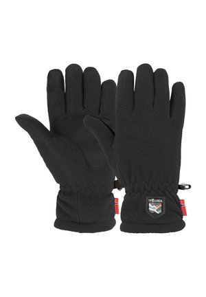 Paar schwarze Fleece-Handschuhe mit strukturiertem Handflächengriff, elastischem Handgelenk und kleinem Logopatch mit norwegischer Flagge.
