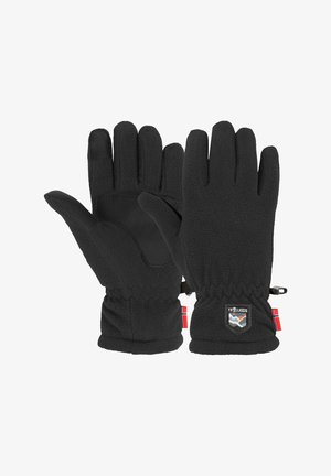 Pair of black fleece gloves with textured palm grip, elastic wrist, and small logo patch with Norwegian flag detail.