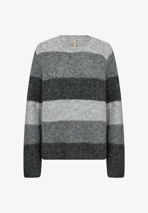 Gray and black striped sweater made of soft wool material, featuring a crew neckline and long sleeves, with varied thickness stripes.