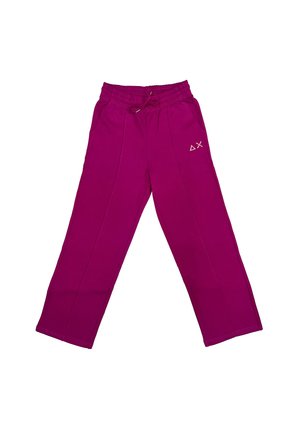 Pantaloni da jogging fucsia a gamba dritta con vita elastica e cordino. Presentano tasche laterali e un piccolo logo sulla coscia.
