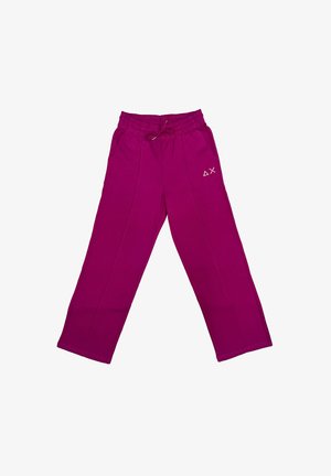 Pantaloni da jogging fucsia a gamba dritta con vita elastica e cordino. Presentano tasche laterali e un piccolo logo sulla coscia.