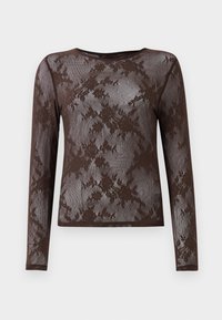 Maglia marrone a maniche lunghe realizzata in tessuto trasparente con motivo in pizzo che presenta disegni floreali, colletto rotondo e silhouette aderente.