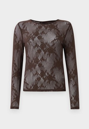 Brown long-sleeve top made from sheer, lace-patterned fabric featuring floral designs, a round neckline, and a fitted silhouette.
