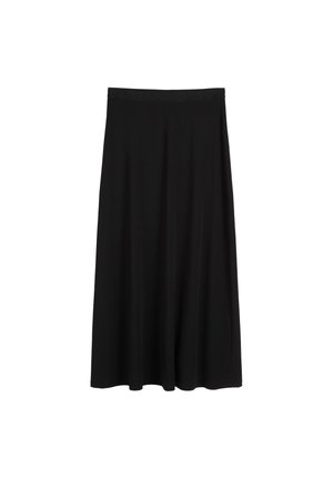 Black knee-length skirt made of soft jersey fabric. Features a stretchy waistband and a fluid, A-line silhouette. No visible patterns.
