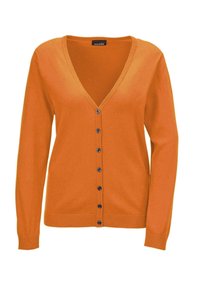 Oranje cardigan met een V-hals, lange mouwen en knopen aan de voorkant. Materiaal lijkt zacht te zijn met geribde manchetten en zoom.