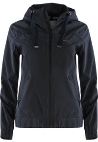 Czarna kurtka przeciwwiatrowa z kapturem, zapinana na zamek z przodu, z dwoma bocznymi kieszeniami na zamek i elastycznymi mankietami. Wykonana z lekkiego, wodoodpornego materiału.