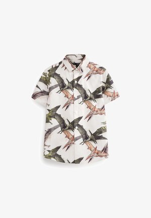 Kortærmet skjorte med knapper, hvid baggrund og store, farverige print af flyvende pterodaktyl-dinosaurer.