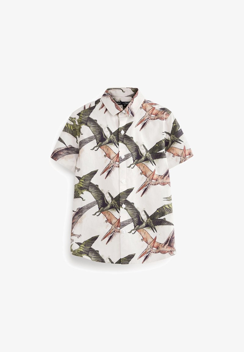 Chemise à manches courtes boutonnée avec un fond blanc et de grands imprimés colorés de ptérodactyles volants.