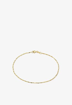 Delicate gouden armband met kleine ovale en ronde kralen, voorzien van een veerring sluiting en een verstelbare kettingverlenging.