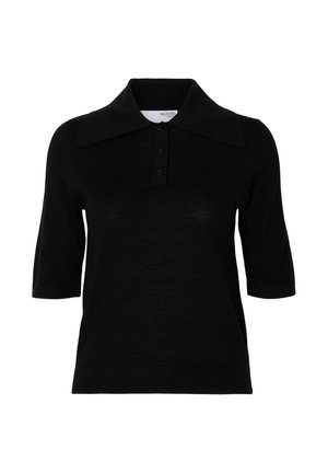 Zwart gebreid polo shirt met een grote kraag, korte mouwen en een knoopsluiting aan de voorkant met vier knopen. Gladde textuur.