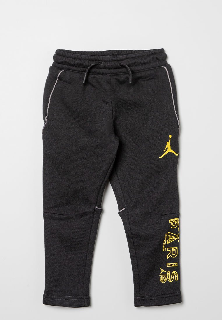 Schwarze Jogginghose mit einem elastischen Bund, versehen mit einem gelben Jumpman-Logo und dem Text "PARIS", aus weichem Stoff mit seitlichen Akzentstichen.