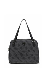 Szary torebka z czarnym wzorem logo, skórzane paski, złote akcenty, prostokątny kształt, zamek błyskawiczny, z emblematem marki z przodu.