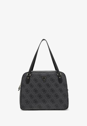 Szary torebka z czarnym wzorem logo, skórzane paski, złote akcenty, prostokątny kształt, zamek błyskawiczny, z emblematem marki z przodu.